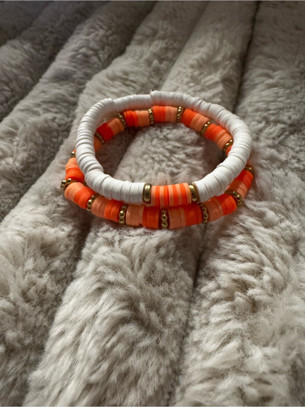 Handmade Orange & White Clay Beaded Stretch Bracelets - Gold Accent
